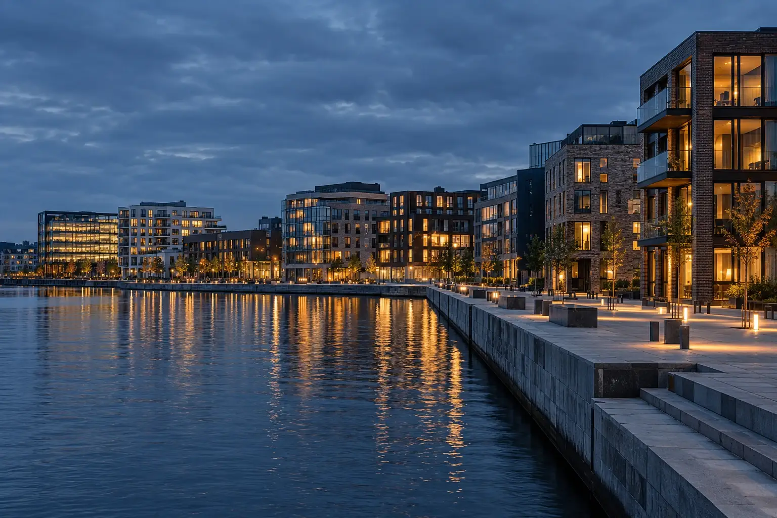 Havnepromenade med opplyste bygg i blåtimen