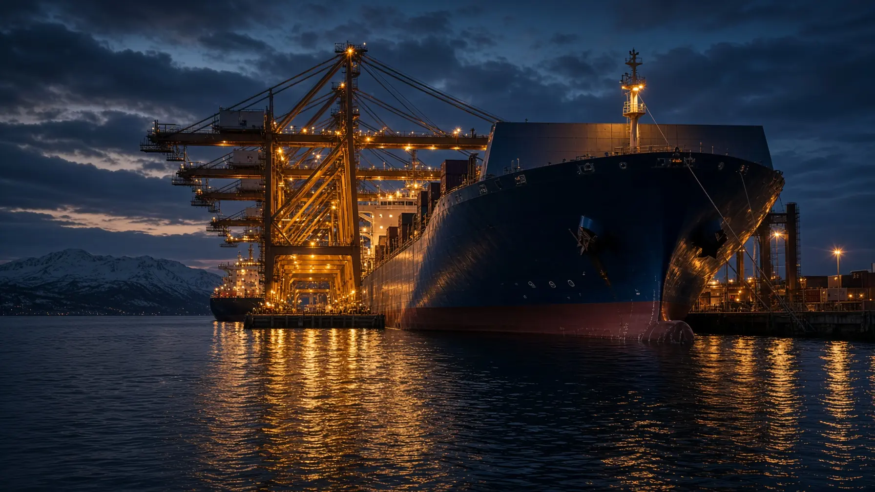 Containerskip ved kai i blåtimen