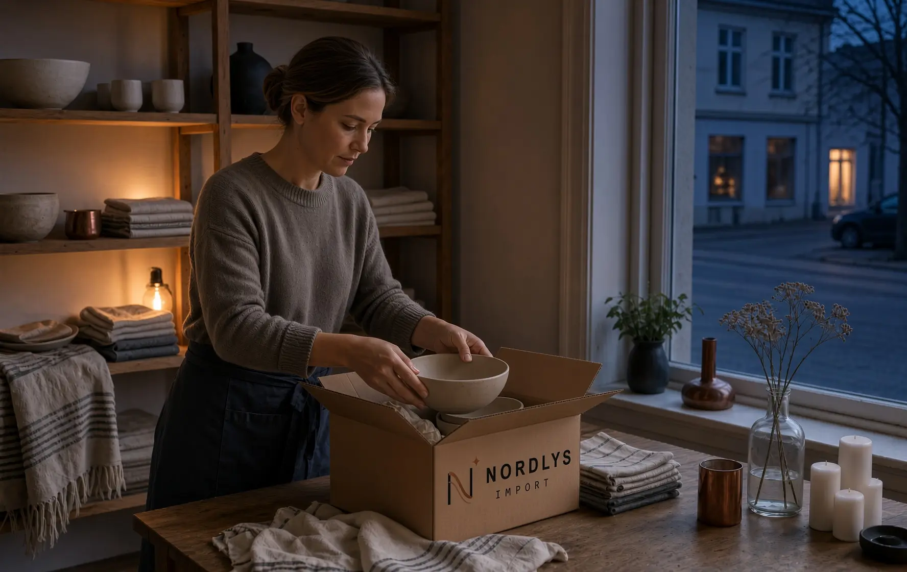 Varer fra Nordlys Import pakkes ut i butikken